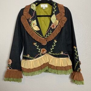 Vintage Mary Frances Embroidered Beaded Ruffled Dark Wash Jean Jacket Small